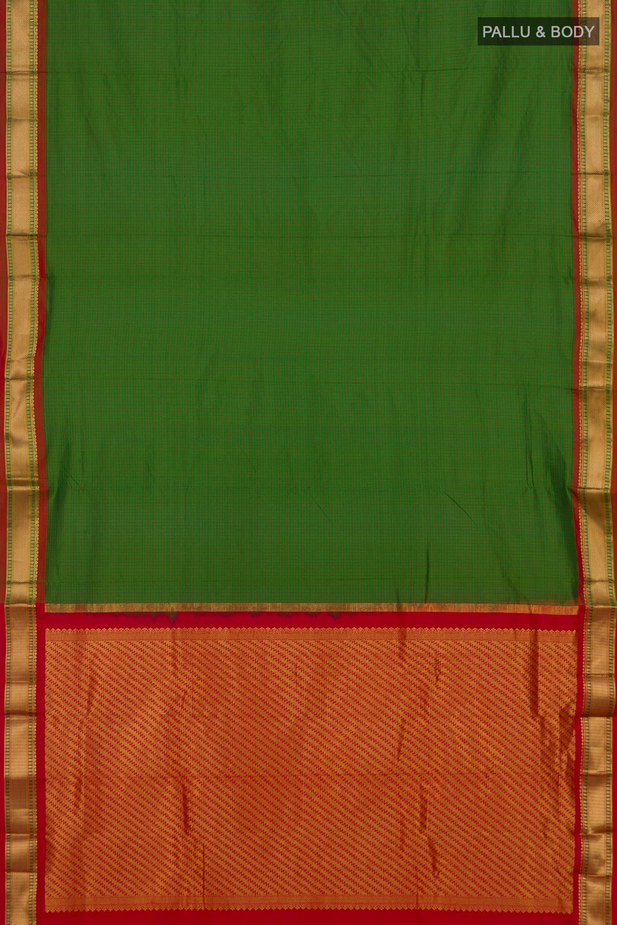 Flat view of Pure Silk Green Narayanpet Saree with Checked design on the body and Zari Border. 