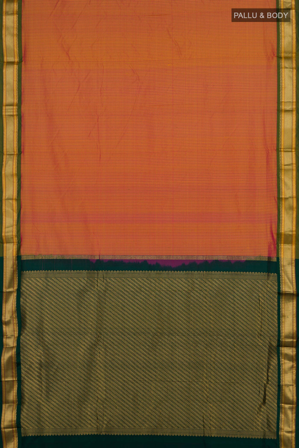 Flat view of Pure Silk Yellow Narayanpet Saree with Checked design on the body and Zari Border. 