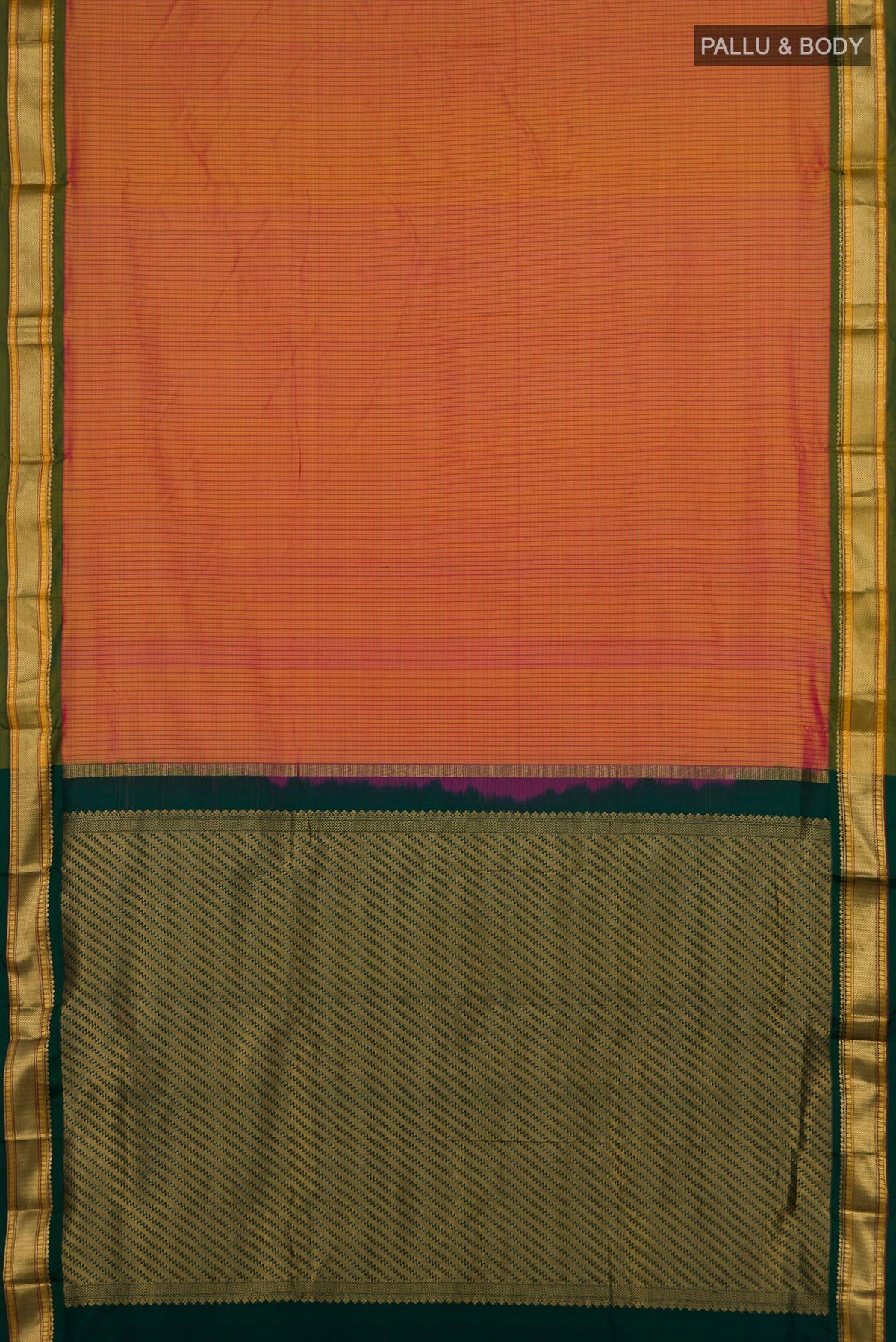 Flat view of Pure Silk Yellow Narayanpet Saree with Checked design on the body and Zari Border. 