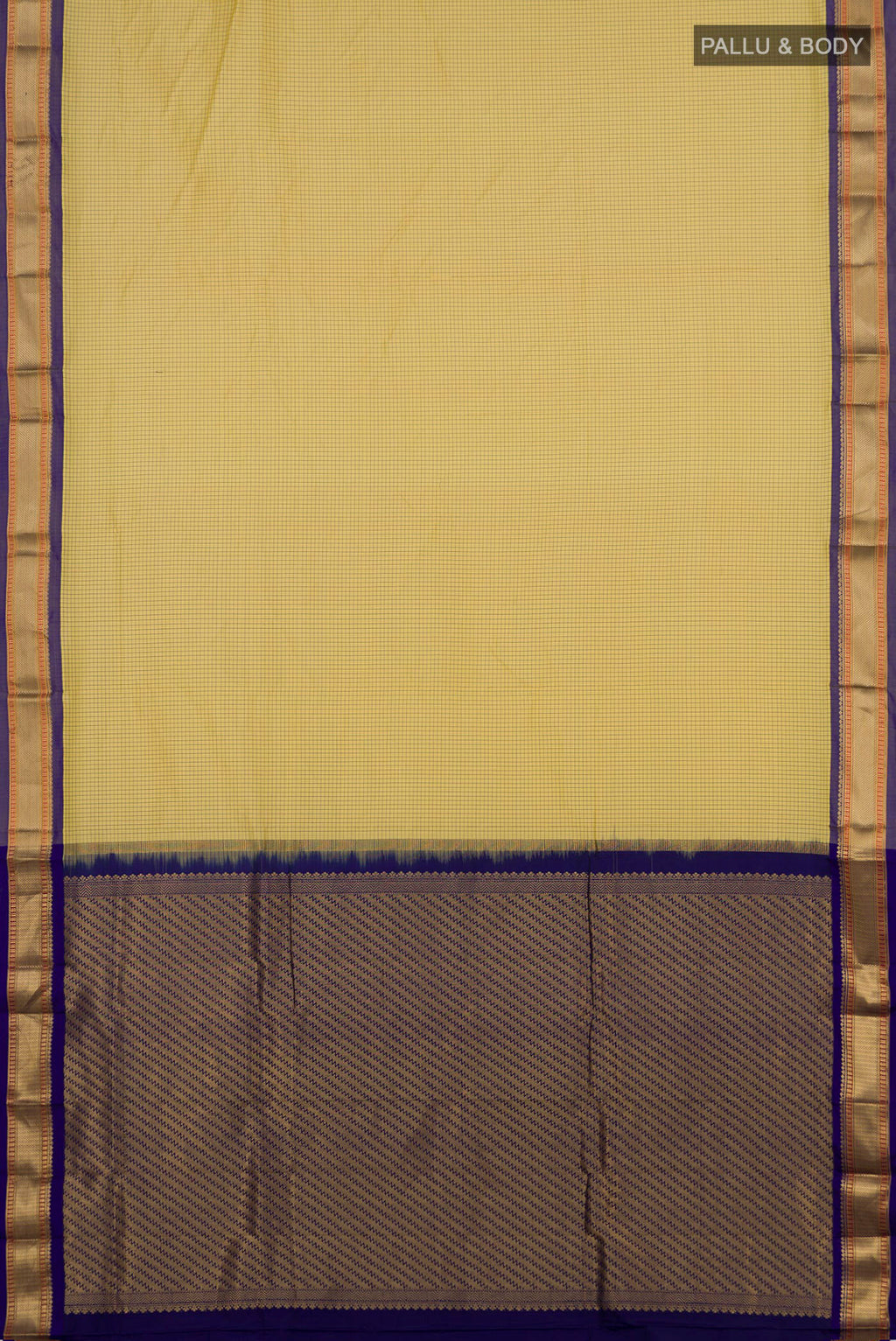 Flat view of Pure Silk Yellow Narayanpet Saree with Checked design on the body and Zari Border. 