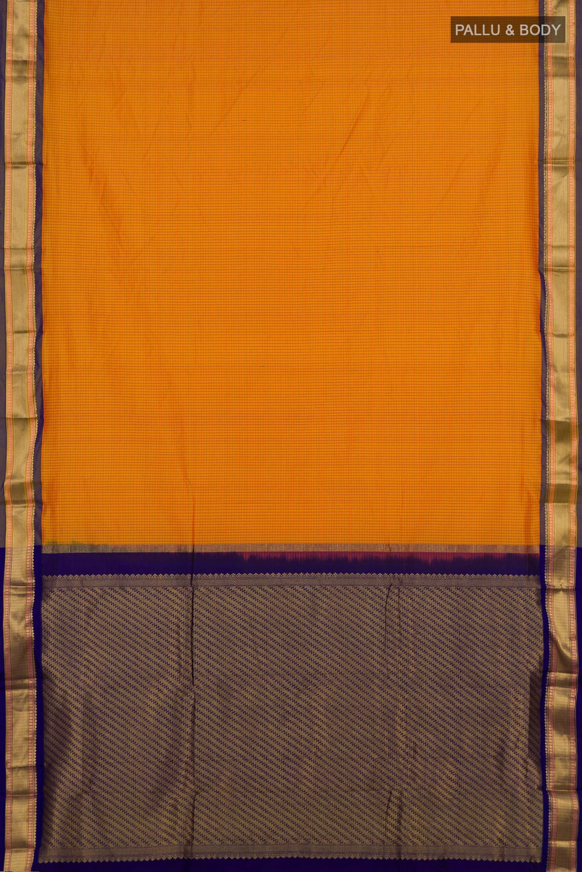 Flat view of Pure Silk Yellow Narayanpet Saree with Checked design on the body and Zari Border. 