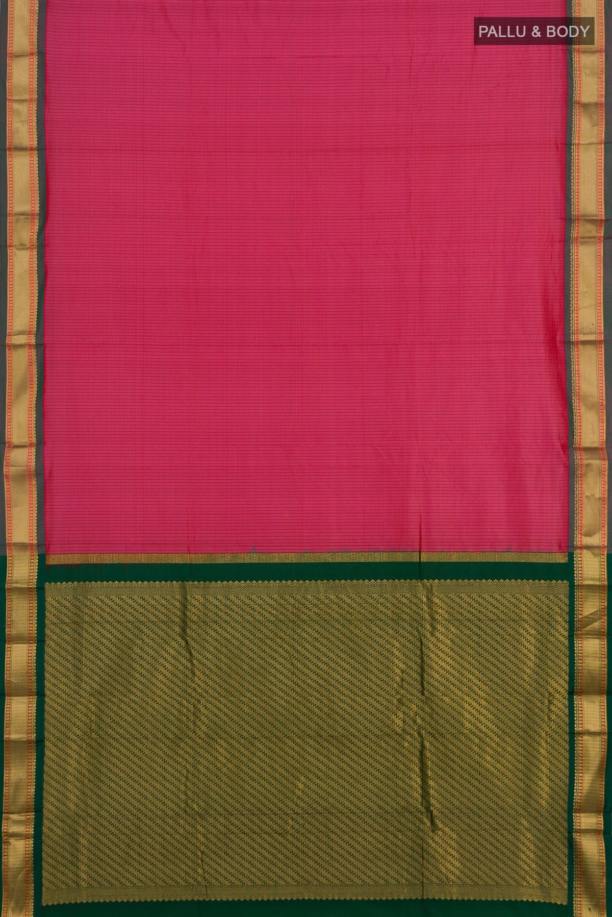 Flat view of Pure Silk Coral Narayanpet Saree with Checked design on the body and Zari Border. 