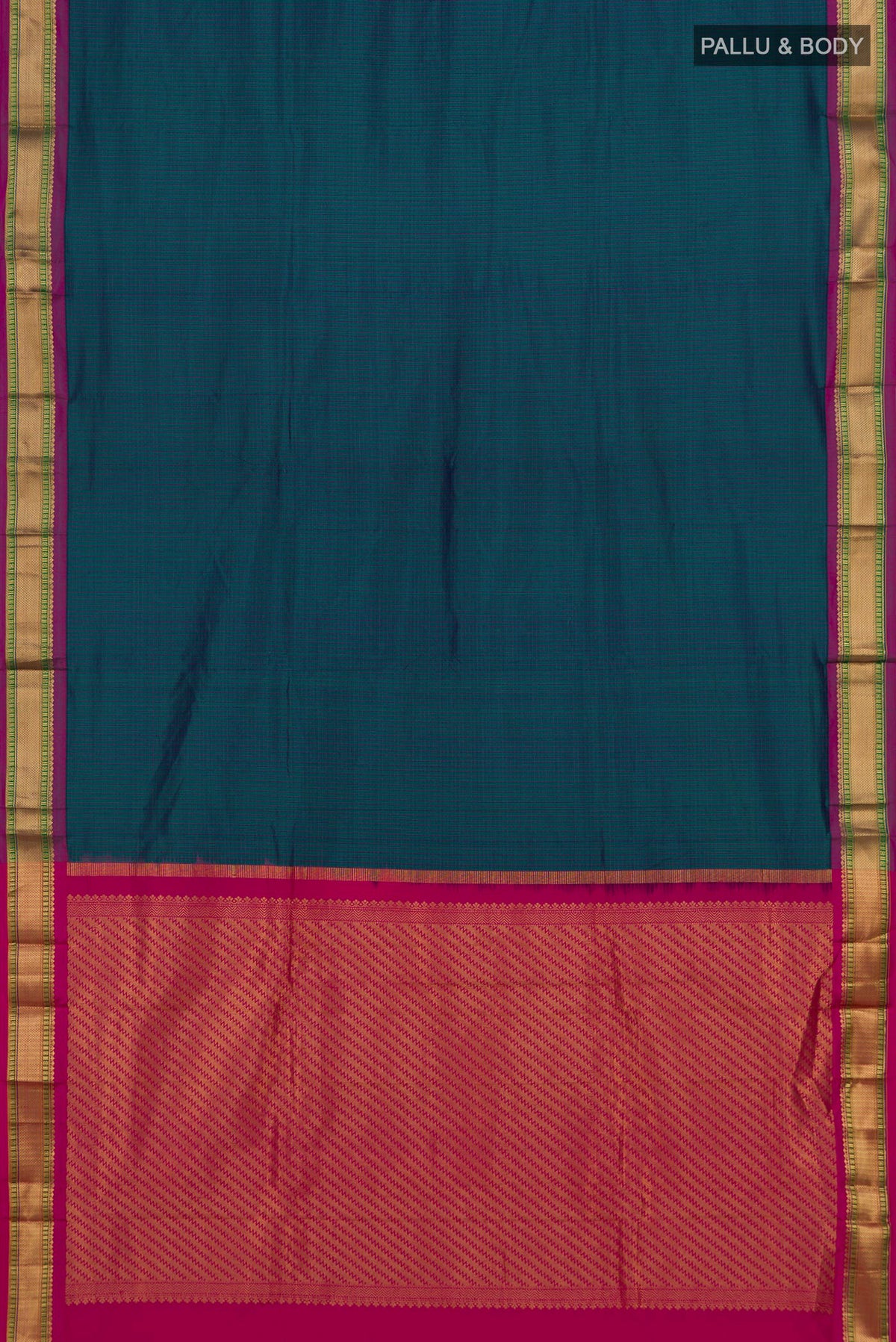 Flat view of Pure Silk Blue Narayanpet Saree with Checked design on the body and Zari Border. 