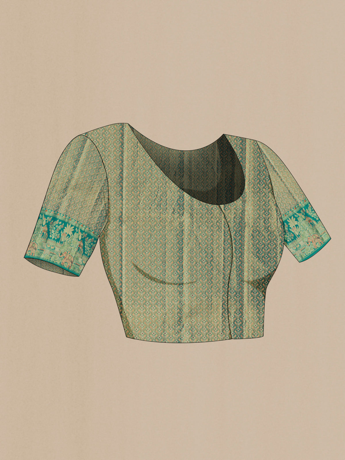 Close up image of the blouse of Golden Dual Tone Kanjivaram Tissue Saree with Zari Brocade on the body and Fancy Border. 