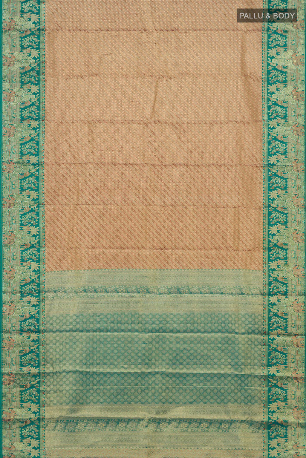Flat view of Golden Dual Tone Kanjivaram Tissue Saree with Zari Brocade on the body and Fancy Border. 