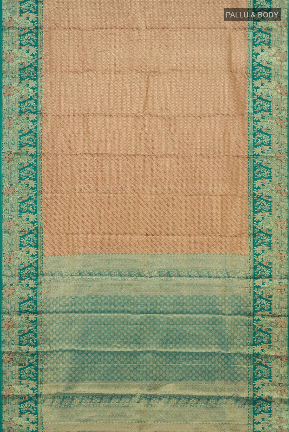 Flat view of Golden Dual Tone Kanjivaram Tissue Saree with Zari Brocade on the body and Fancy Border. 