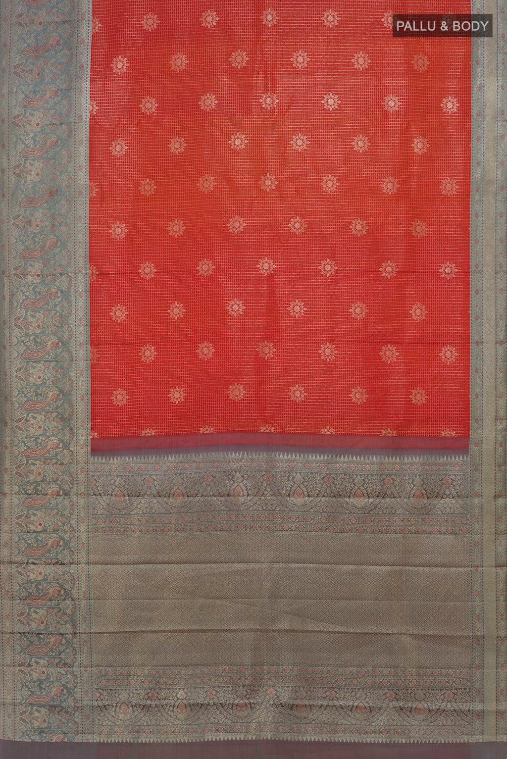Flat view of Pure Silk Orange Kanchipuram Saree with Checked design on the body and Fancy Border. 