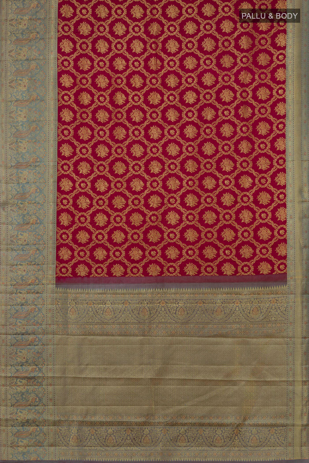 Flat view of Pure Silk Maroon Kanchipuram Saree with Zari Brocade on the body and Fancy Border. 