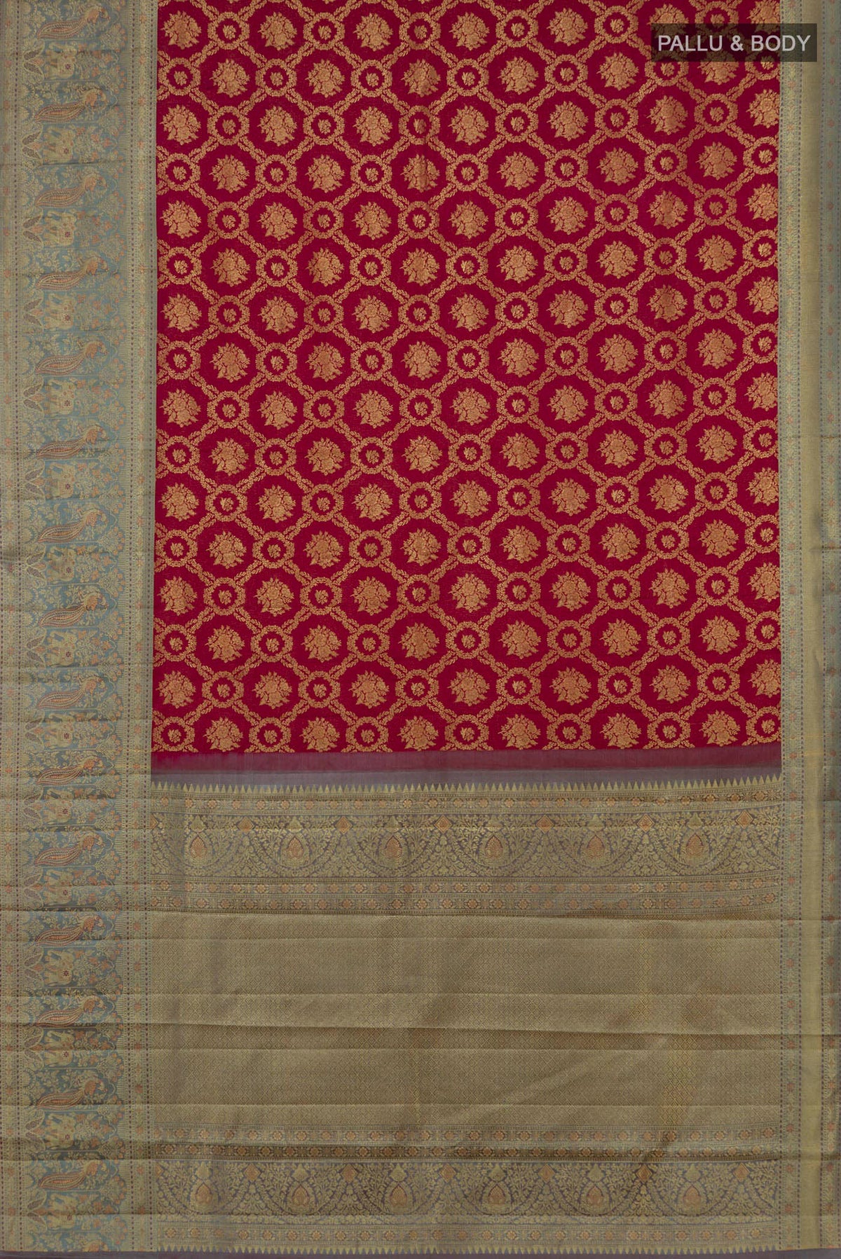 Flat view of Pure Silk Maroon Kanchipuram Saree with Zari Brocade on the body and Fancy Border. 