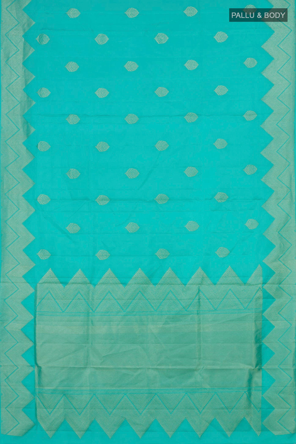 Flat view of Pure Silk Sea Green Soft Saree with Zari Butta on the body and Fancy Border. 