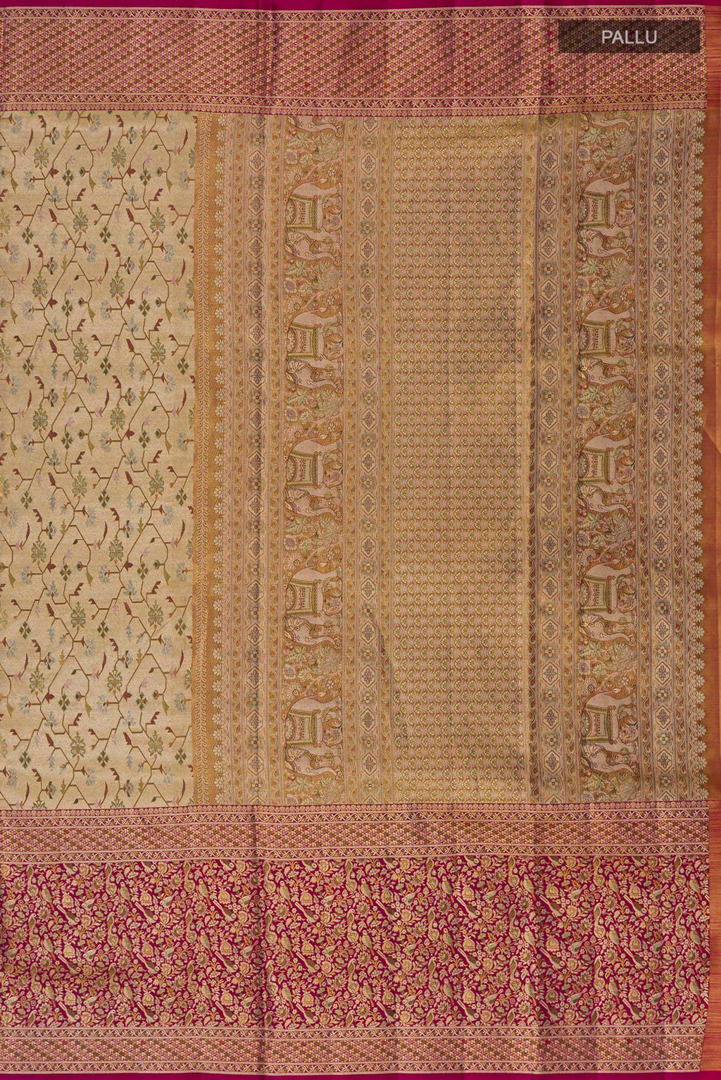 Close up image of the pallu of Golden Dual Tone Kanchipuram Tissue Saree with Zari Brocade on the body and Fancy Border. 