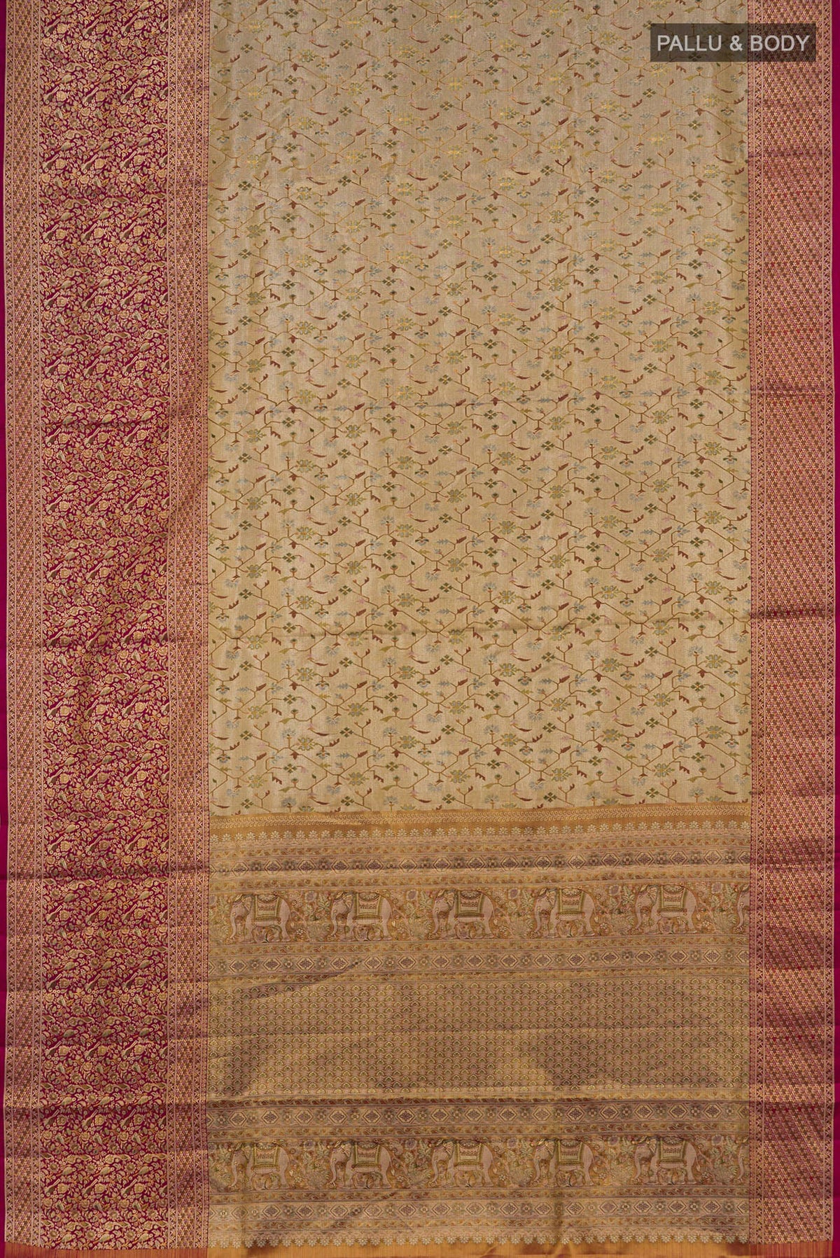 Flat view of Golden Dual Tone Kanchipuram Tissue Saree with Zari Brocade on the body and Fancy Border. 