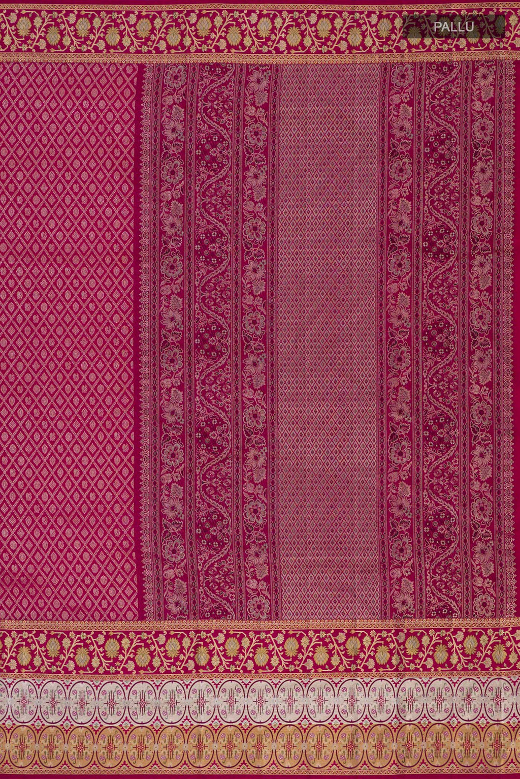 Close up image of the pallu of Pure Silk Dark Pink Kanchipuram Saree with Zari Brocade on the body and Fancy Border. 
