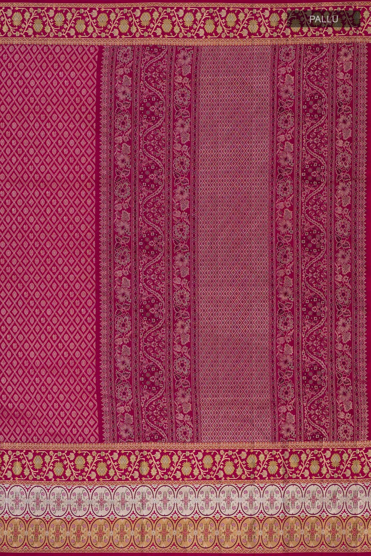 Close up image of the pallu of Pure Silk Dark Pink Kanchipuram Saree with Zari Brocade on the body and Fancy Border. 