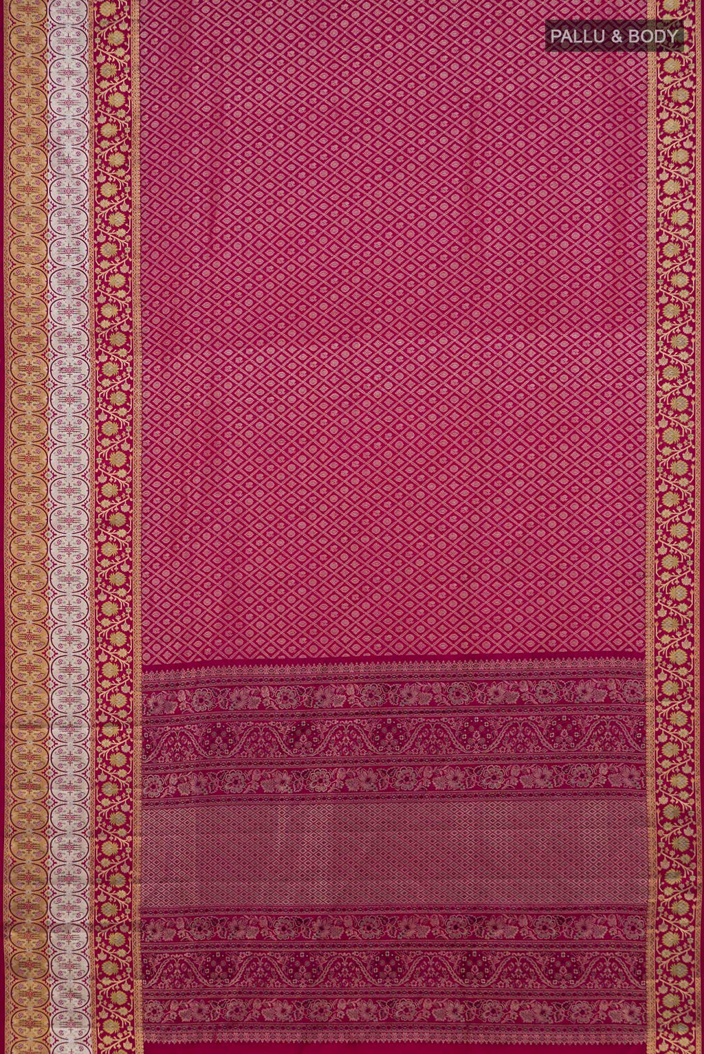 Flat view of Pure Silk Dark Pink Kanchipuram Saree with Zari Brocade on the body and Fancy Border. 