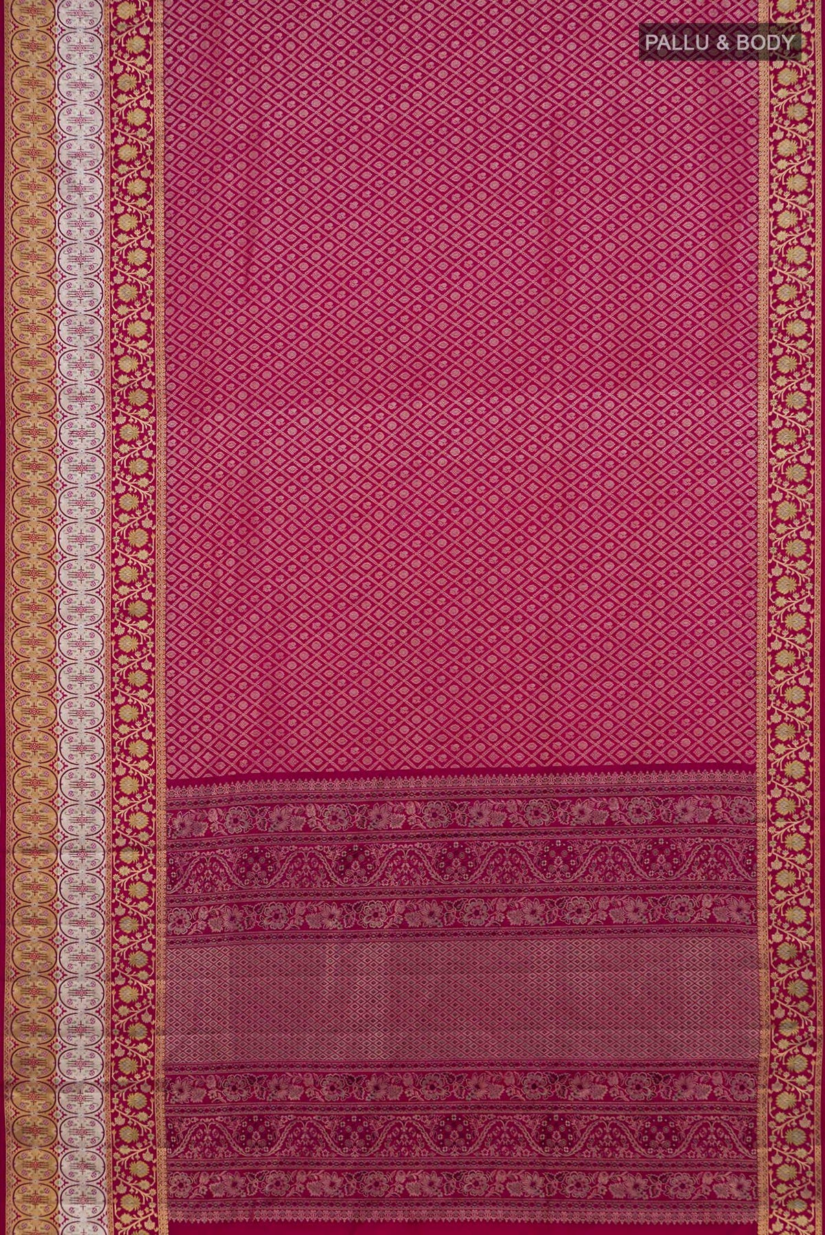 Flat view of Pure Silk Dark Pink Kanchipuram Saree with Zari Brocade on the body and Fancy Border. 