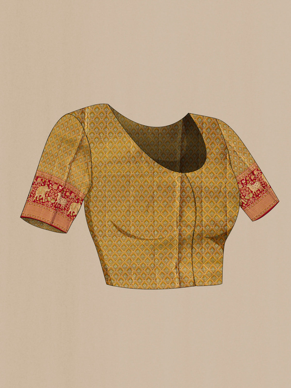 Close up image of the blouse of Peach Dual Tone Kanchipuram Saree with Zari Brocade on the body and Fancy Border. 