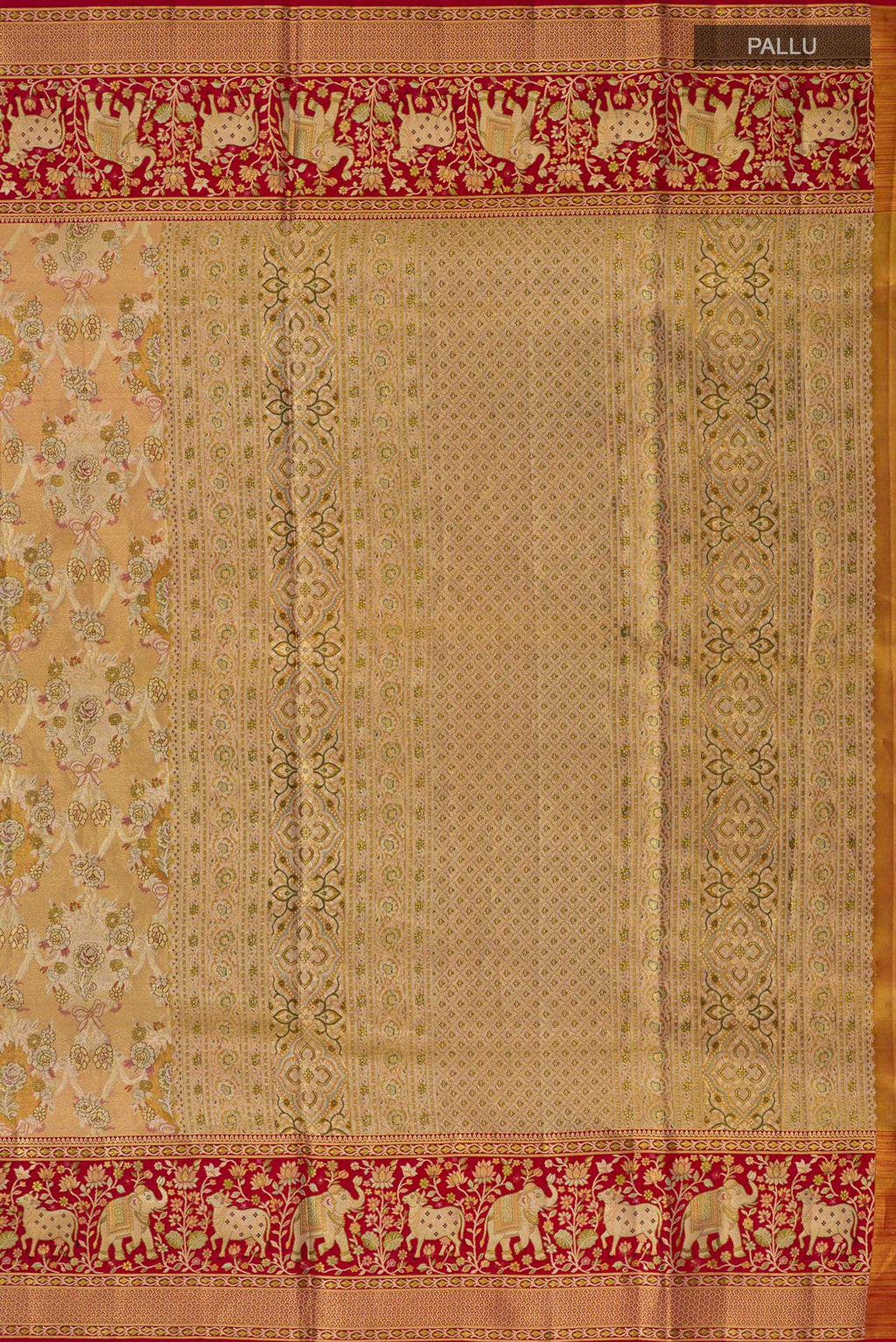 Close up image of the pallu of Peach Dual Tone Kanchipuram Saree with Zari Brocade on the body and Fancy Border. 