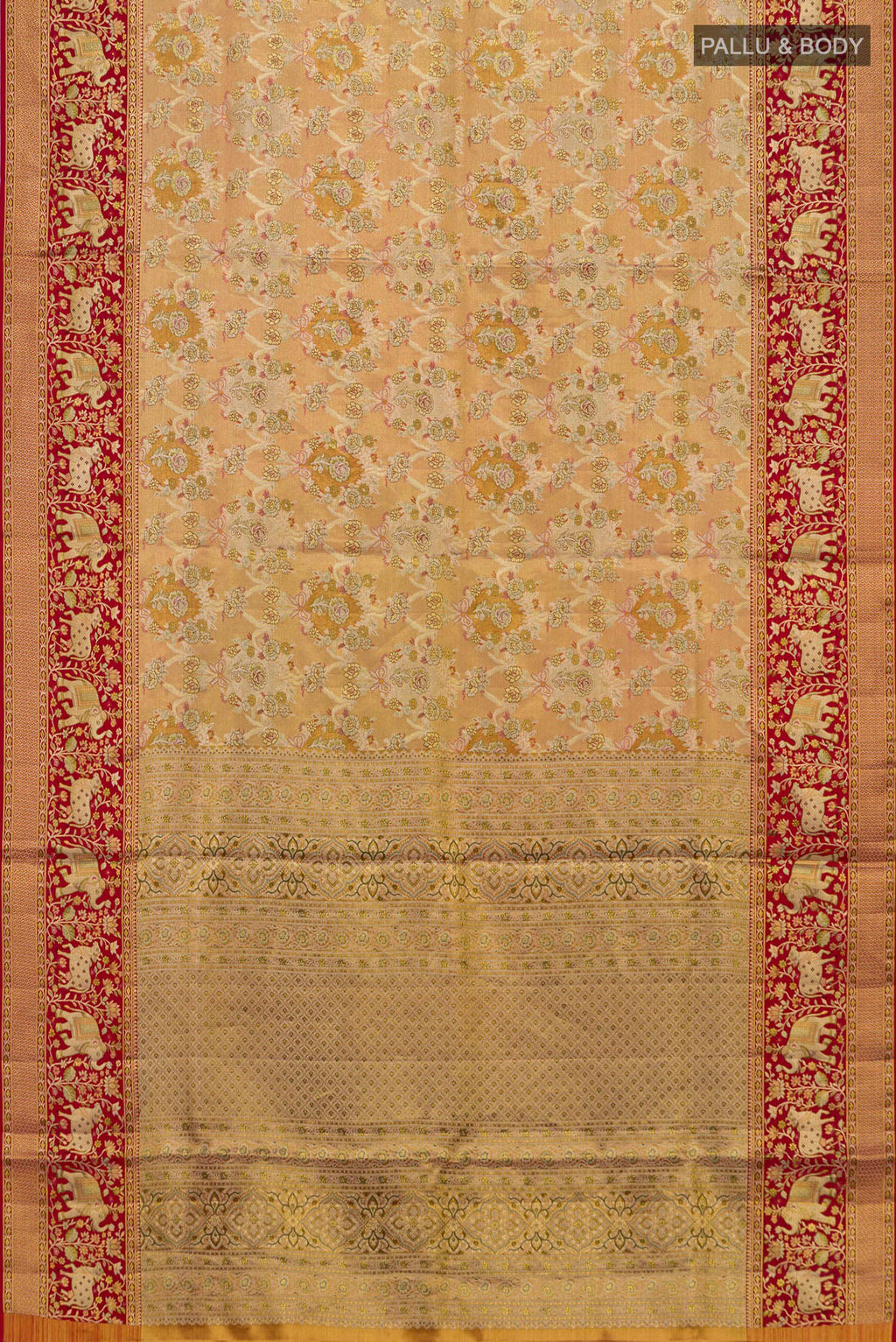 Flat view of Peach Dual Tone Kanchipuram Saree with Zari Brocade on the body and Fancy Border. 