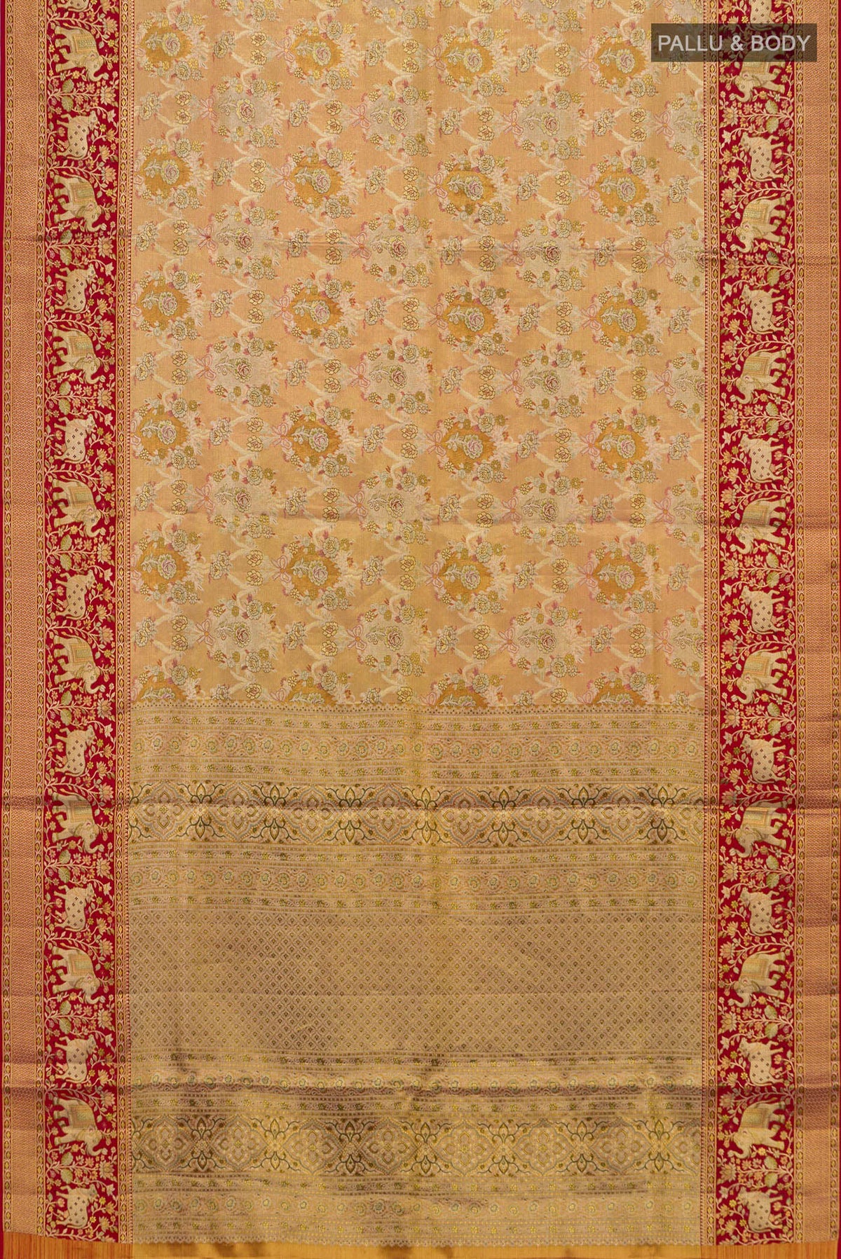 Flat view of Peach Dual Tone Kanchipuram Saree with Zari Brocade on the body and Fancy Border. 