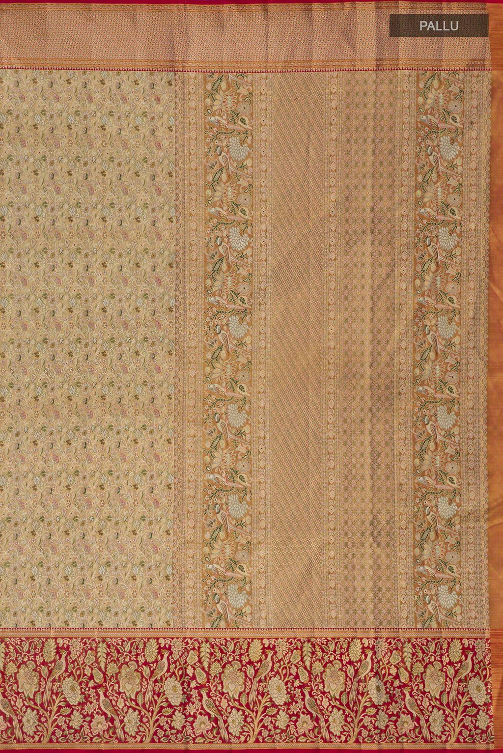 Close up image of the pallu of Gold Kanchipuram Tissue Saree with Zari Brocade on the body and Zari Border. 