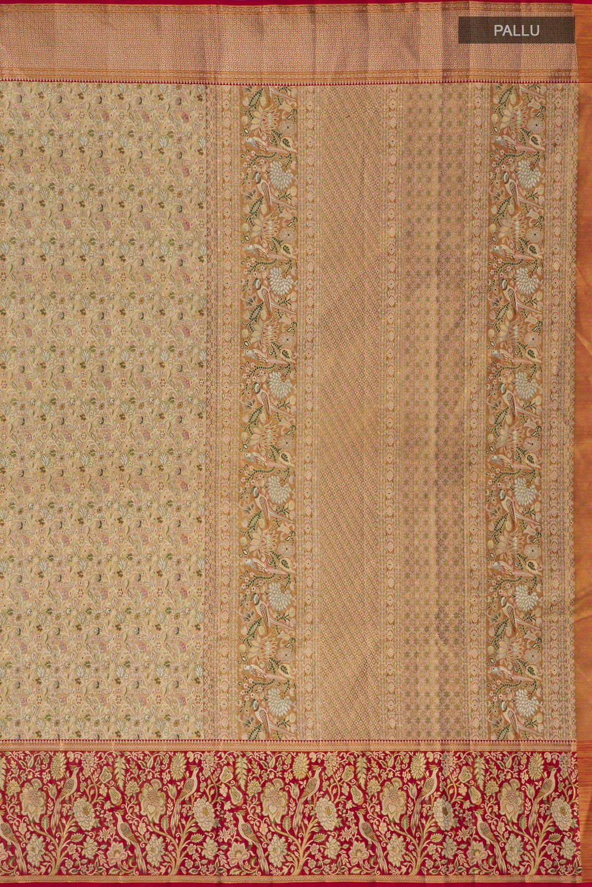 Close up image of the pallu of Gold Kanchipuram Tissue Saree with Zari Brocade on the body and Zari Border. 