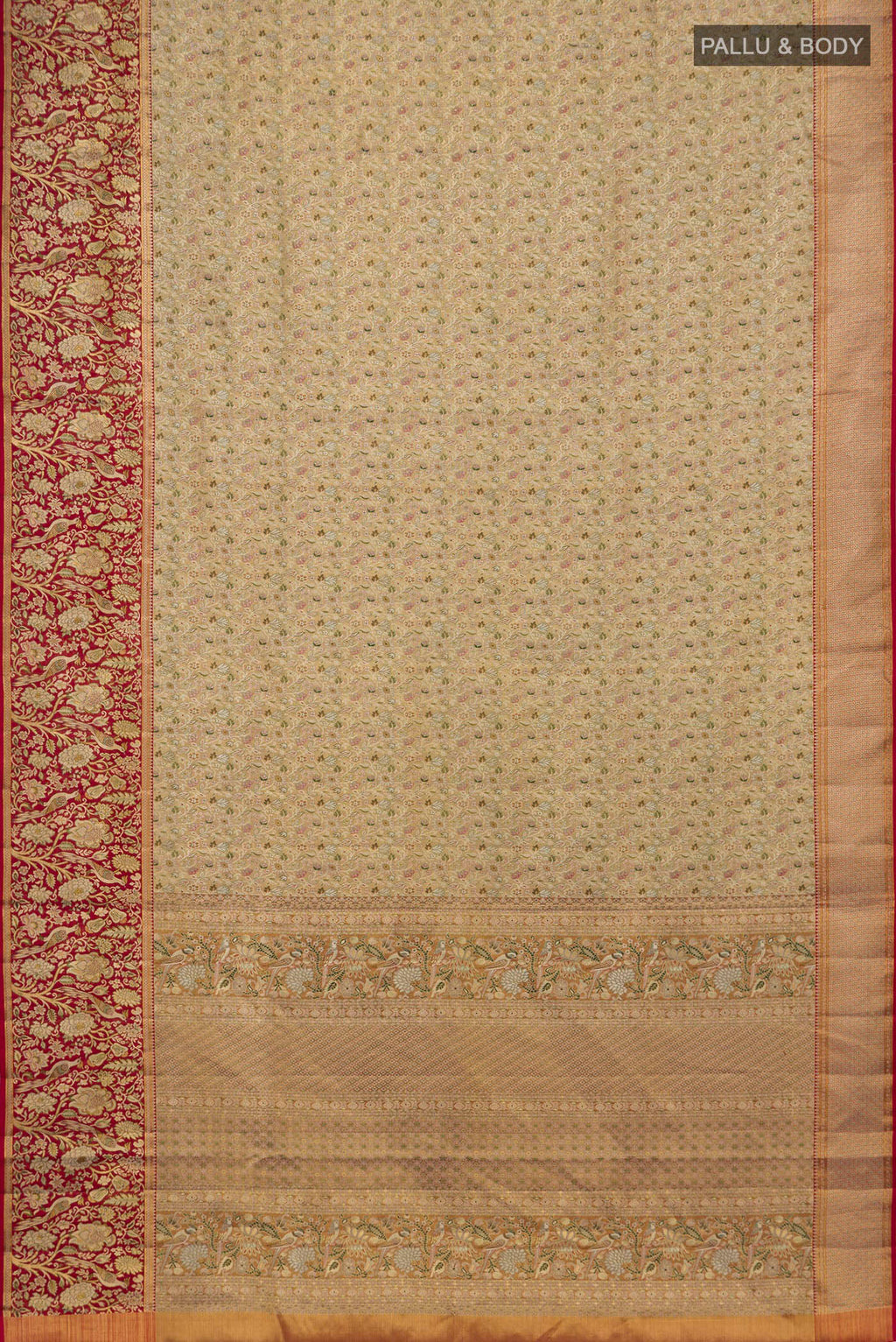 Flat view of Gold Kanchipuram Tissue Saree with Zari Brocade on the body and Zari Border. 