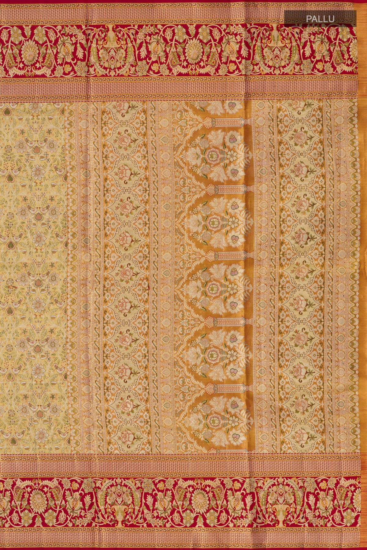 Close up image of the pallu of Golden Dual Tone Kanchipuram Tissue Saree with Zari Brocade on the body and Fancy Border. 