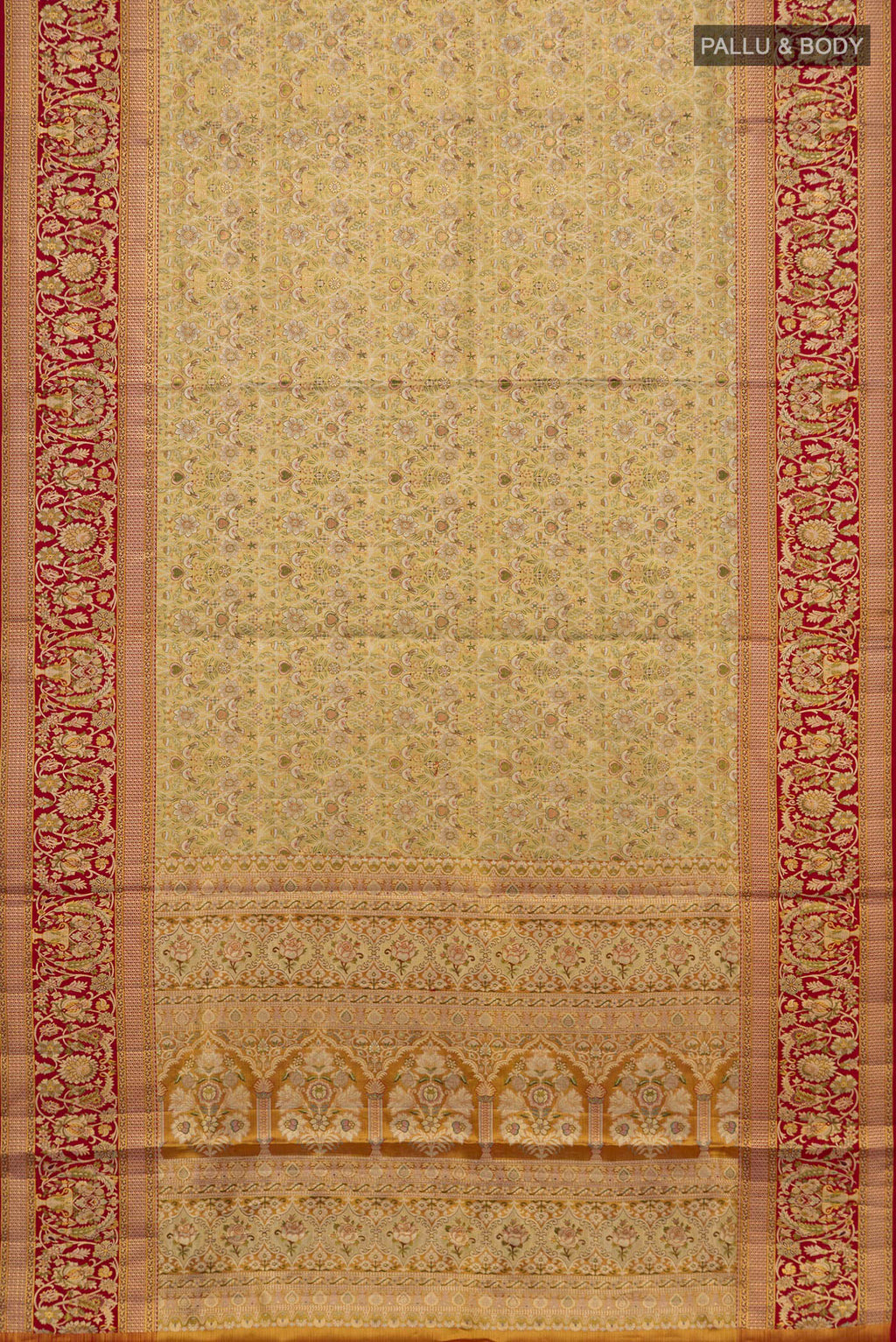 Flat view of Golden Dual Tone Kanchipuram Tissue Saree with Zari Brocade on the body and Fancy Border. 