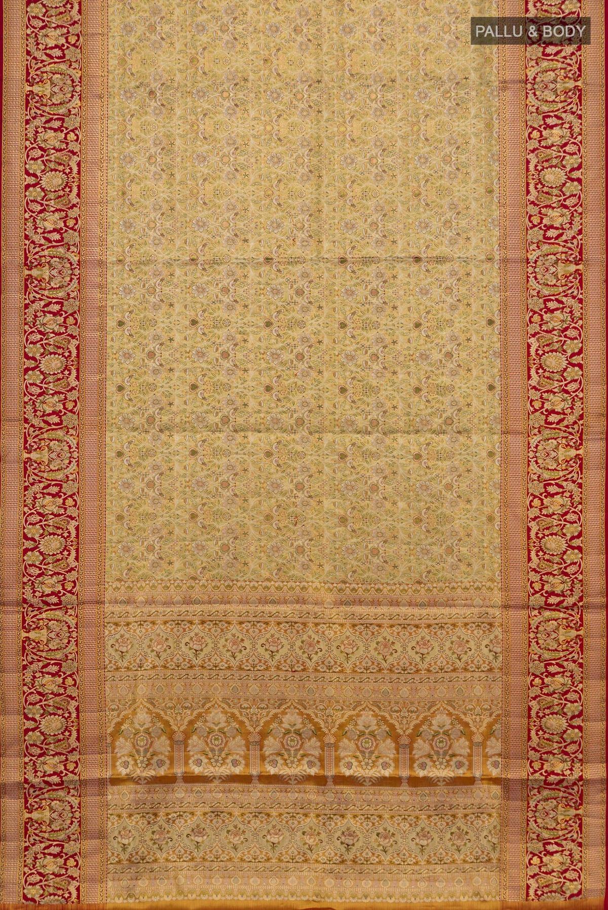 Flat view of Golden Dual Tone Kanchipuram Tissue Saree with Zari Brocade on the body and Fancy Border. 