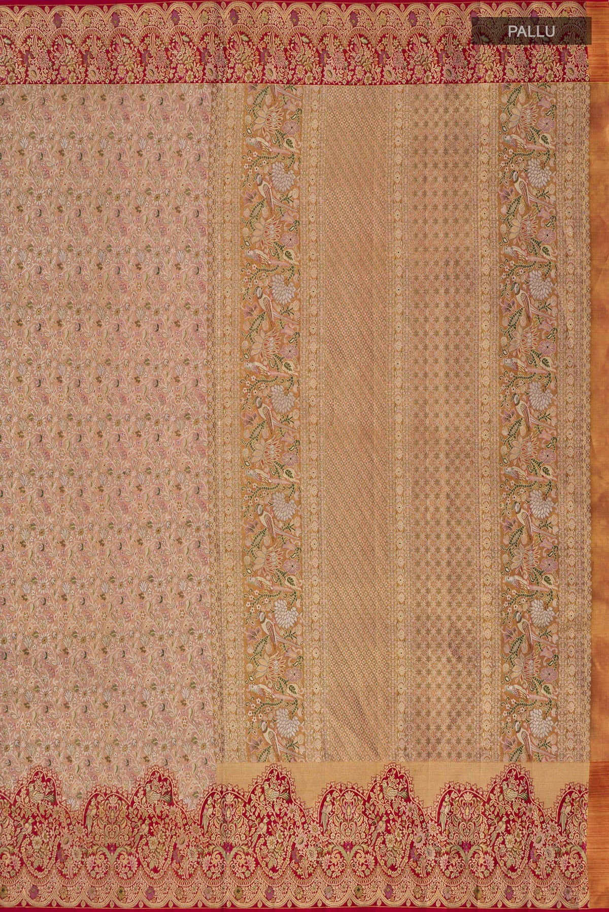 Close up image of the pallu of Golden Peach Kanchipuram Tissue Saree with Zari Brocade on the body and Fancy Border. 