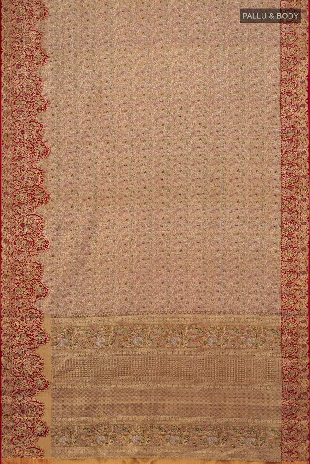 Flat view of Golden Peach Kanchipuram Tissue Saree with Zari Brocade on the body and Fancy Border. 