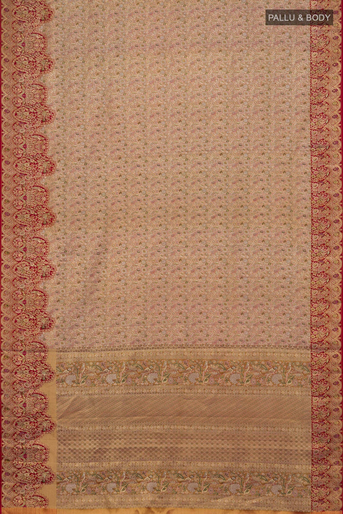 Flat view of Golden Peach Kanchipuram Tissue Saree with Zari Brocade on the body and Fancy Border. 