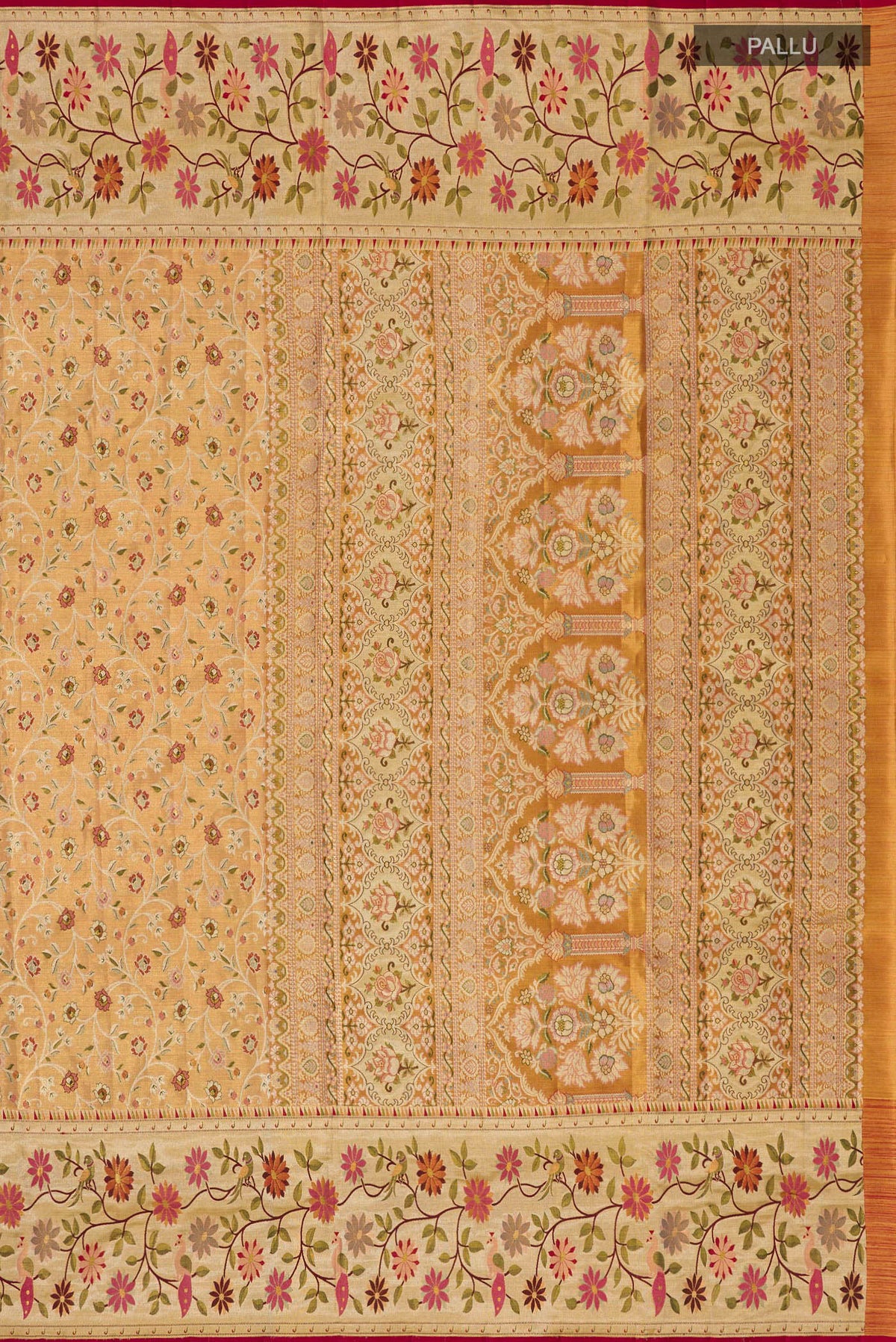 Close up image of the pallu of Peach Dual Tone Kanchipuram Tissue Saree with Zari Brocade on the body and Fancy Border. 