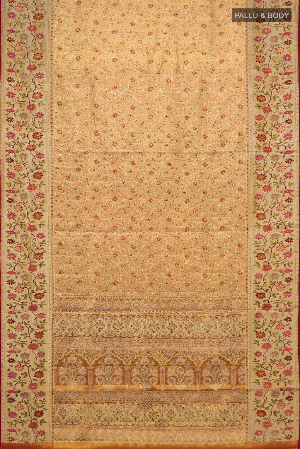 Flat view of Peach Dual Tone Kanchipuram Tissue Saree with Zari Brocade on the body and Fancy Border. 