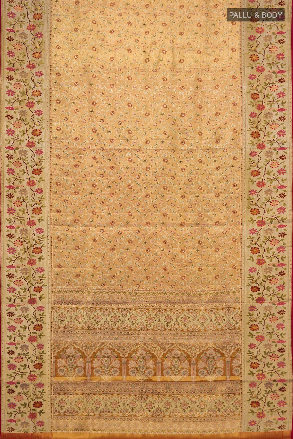 Flat view of Peach Dual Tone Kanchipuram Tissue Saree with Zari Brocade on the body and Fancy Border. 