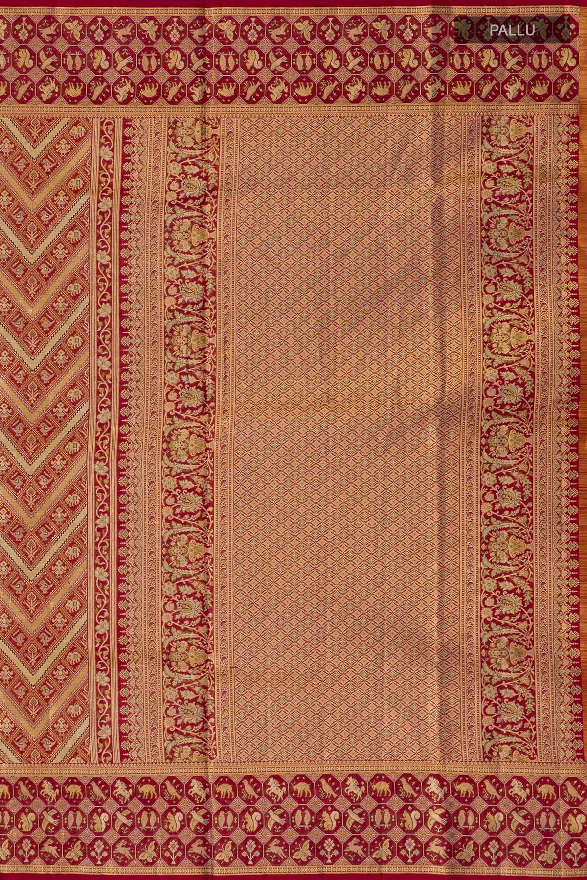 Close up image of the pallu of Red Kanchipuram Saree with Zari Brocade on the body and Fancy Border. 