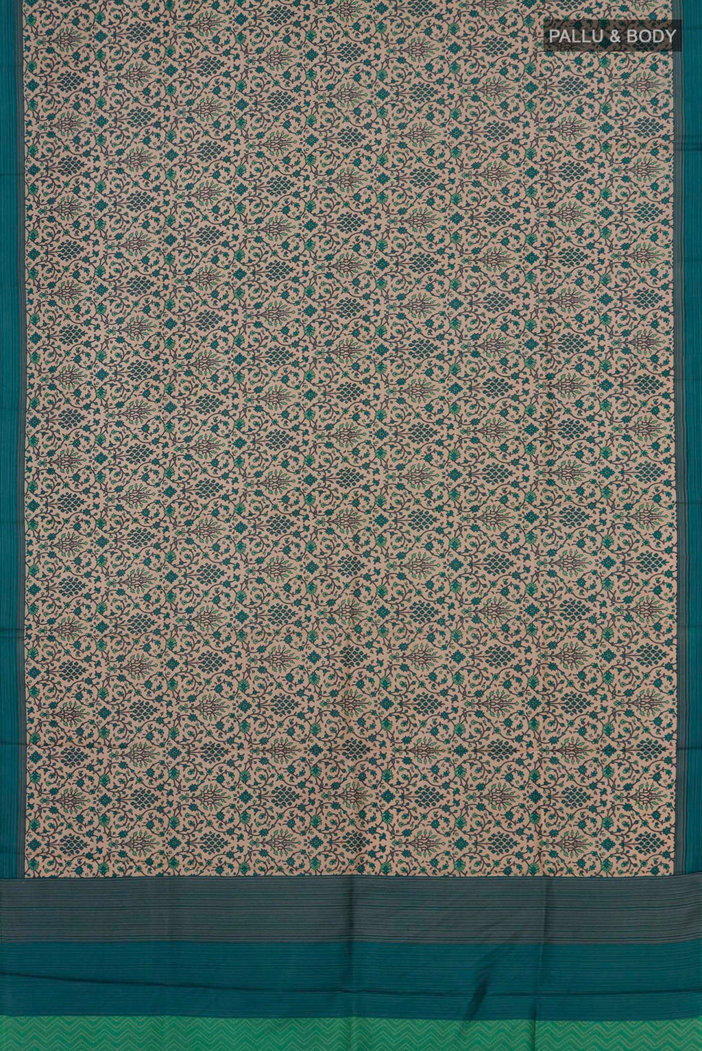 Flat view of Pure Silk Beige Printed Saree with Printed design on the body and Plain Border. 