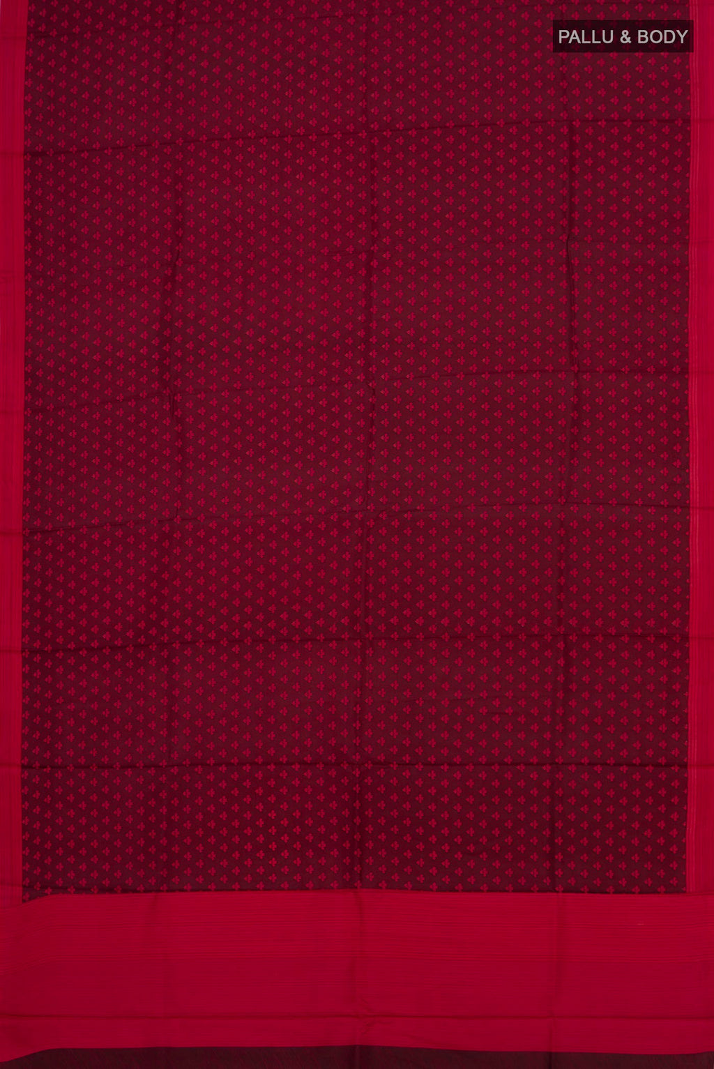 Flat view of Pure Silk Maroon Printed Saree with Printed design on the body and Plain Border. 
