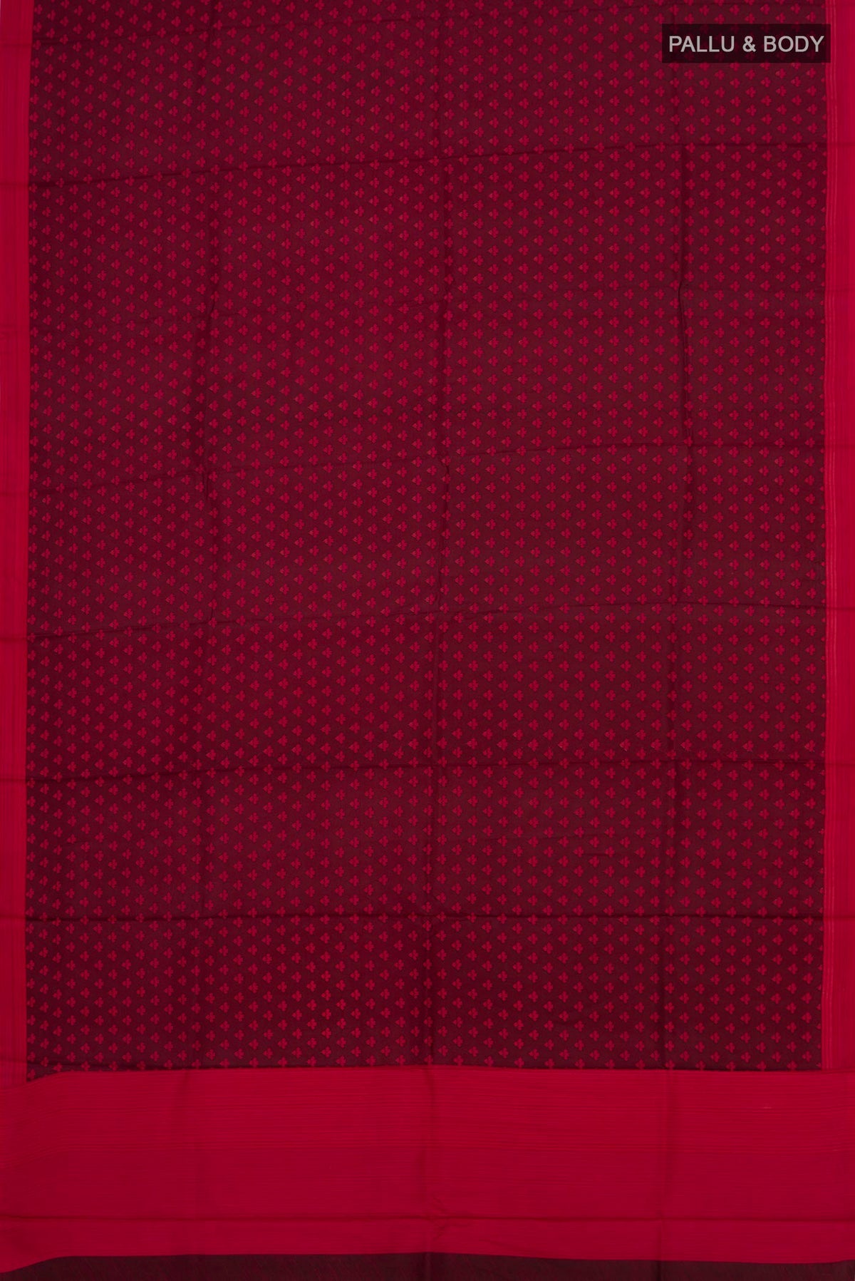 Flat view of Pure Silk Maroon Printed Saree with Printed design on the body and Plain Border. 