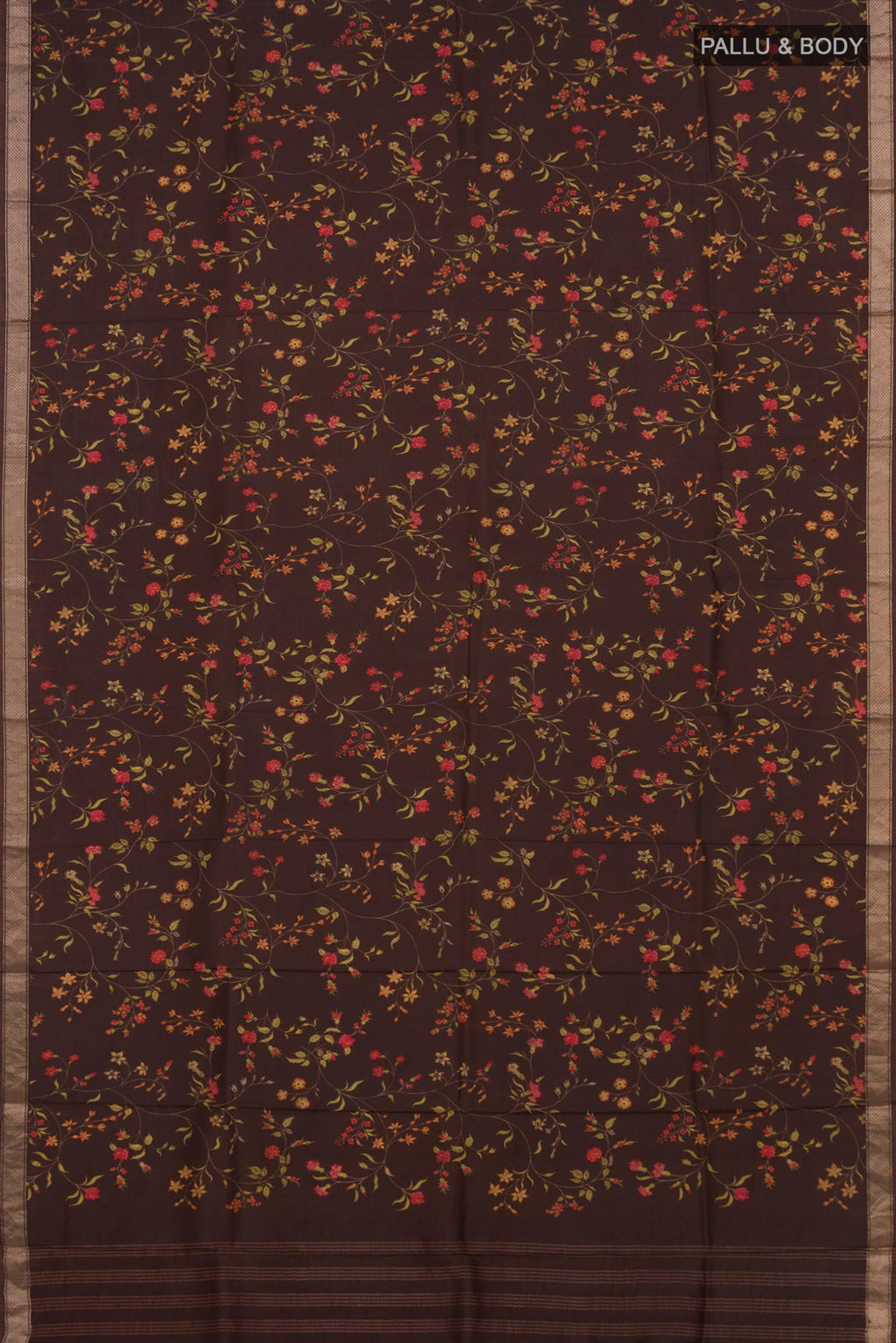 Flat view of Pure Silk Brown Printed Saree with Printed design on the body and Zari Border. 