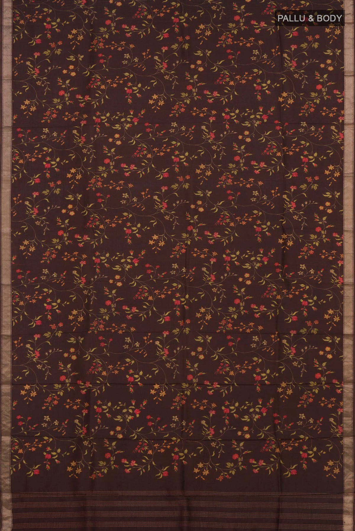 Flat view of Pure Silk Brown Printed Saree with Printed design on the body and Zari Border. 