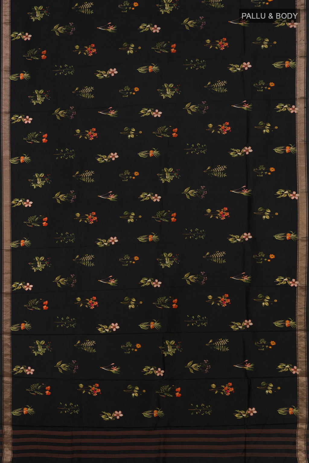 Flat view of Pure Silk Black Printed Saree with Printed design on the body and Zari Border. 