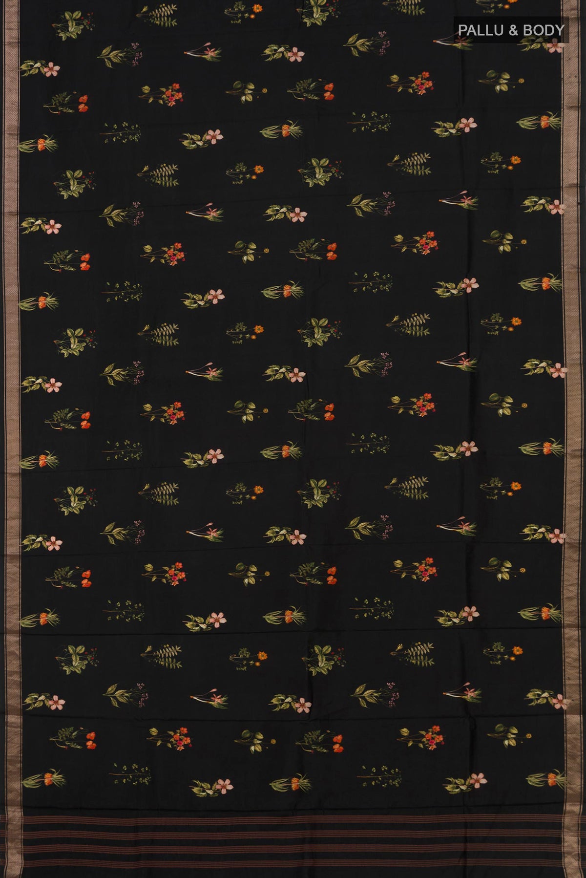 Flat view of Pure Silk Black Printed Saree with Printed design on the body and Zari Border. 