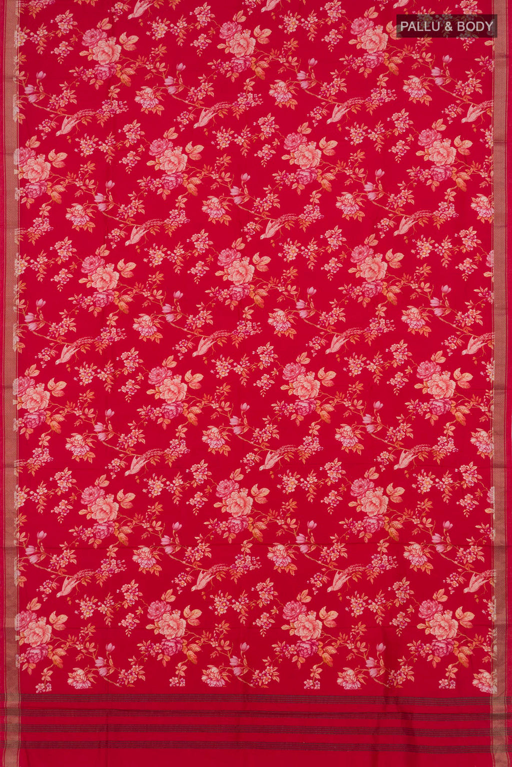 Flat view of Pure Silk Red Printed Saree with Printed design on the body and Zari Border. 