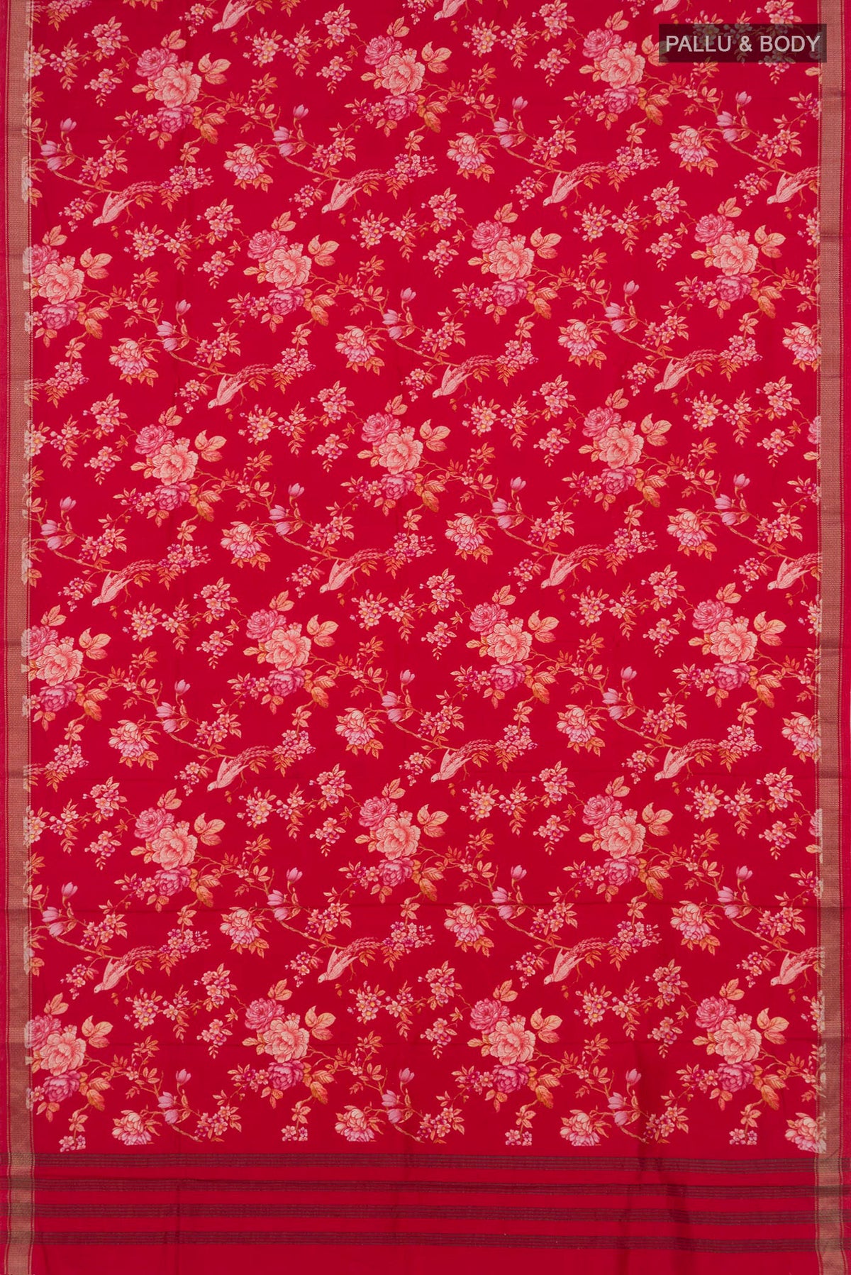 Flat view of Pure Silk Red Printed Saree with Printed design on the body and Zari Border. 