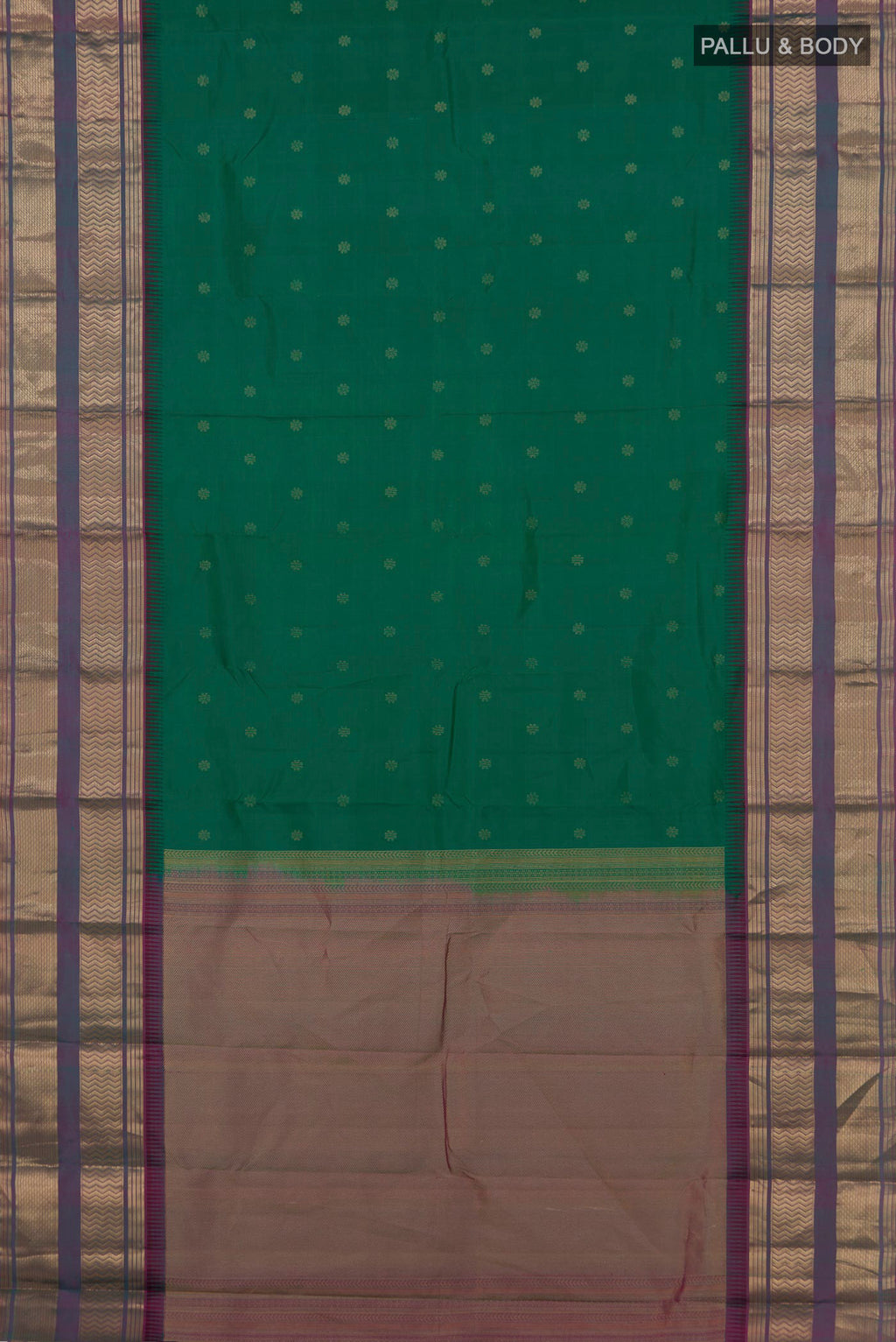 Flat view of Pure Silk Green Kanjivaram Saree with Zari Butta on the body and Zari Border. 