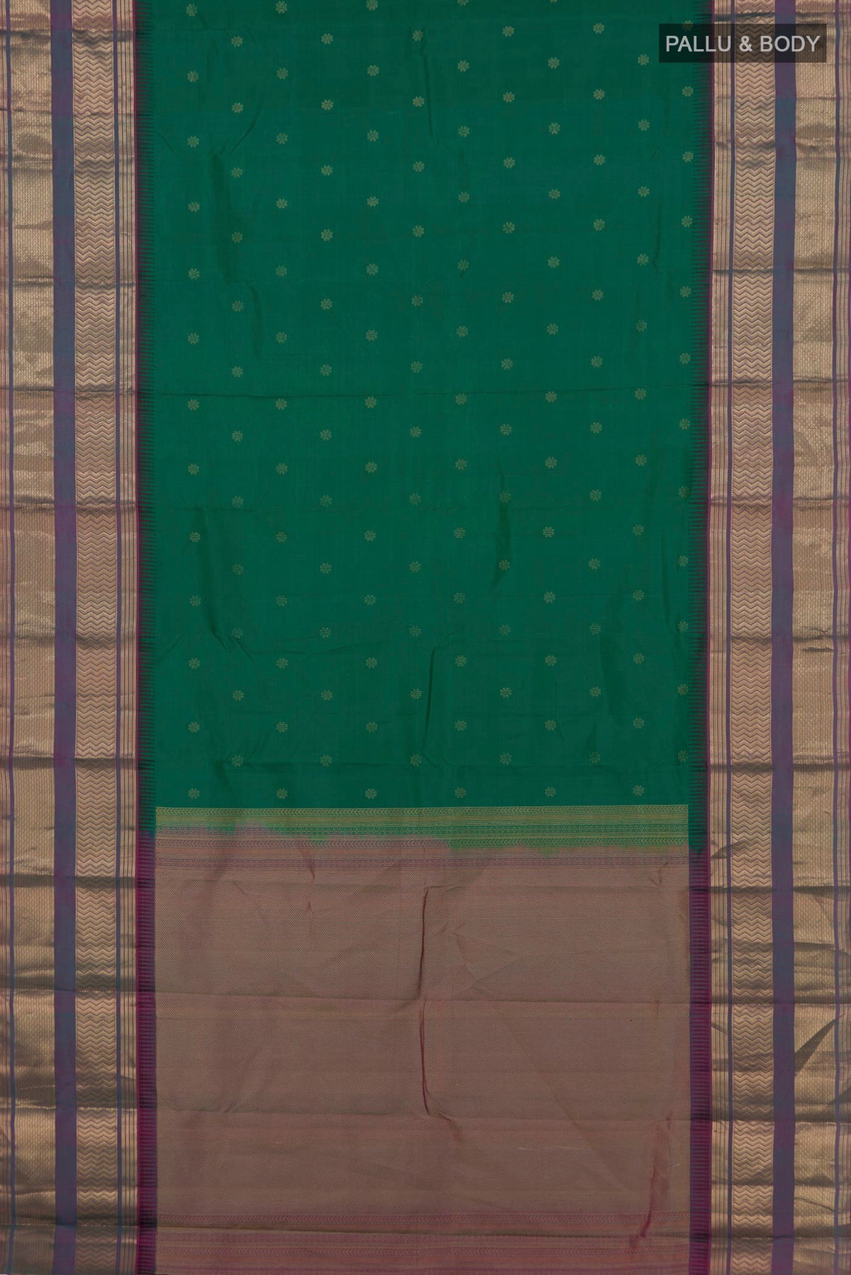 Flat view of Pure Silk Green Kanjivaram Saree with Zari Butta on the body and Zari Border. 
