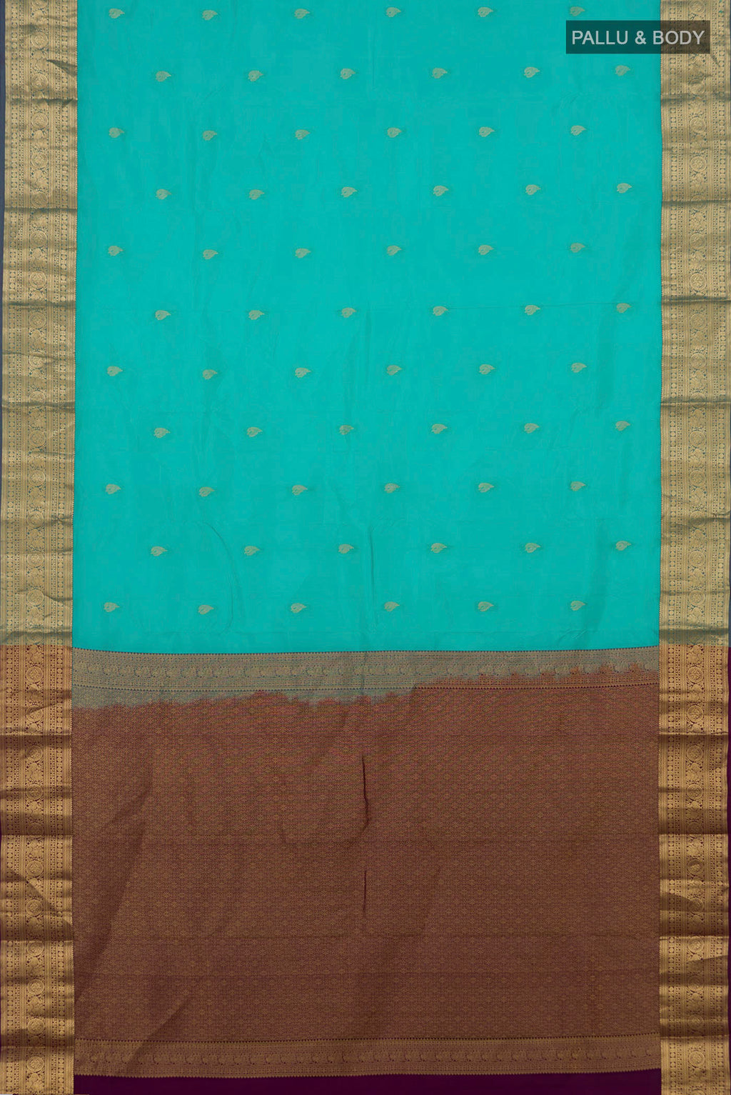 Flat view of Pure Silk Turquoise Kanchipuram Saree with Zari Butta on the body and Zari Border. 