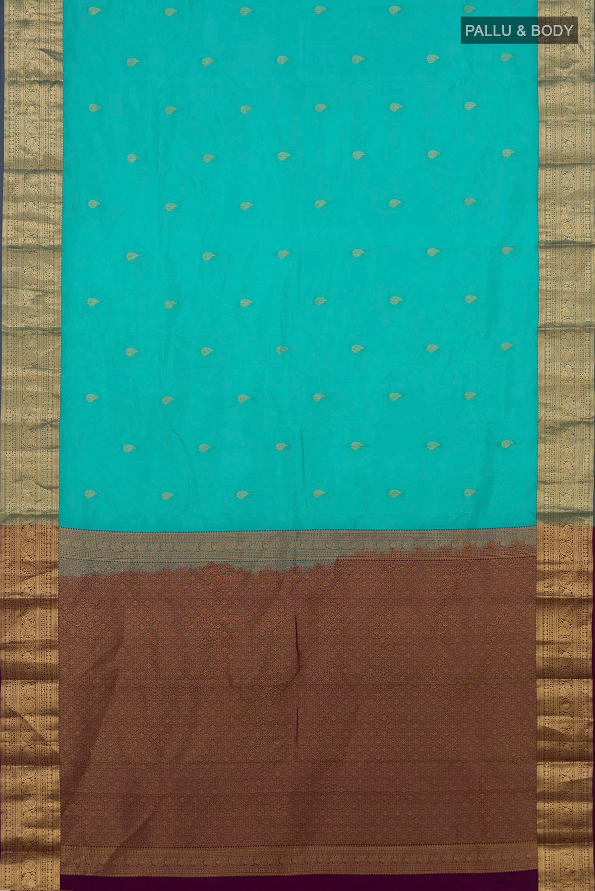 Flat view of Pure Silk Turquoise Kanchipuram Saree with Zari Butta on the body and Zari Border. 